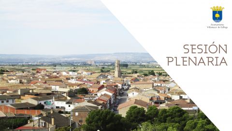 vista del pueblo de Villamayor de Gállego con cartel de pleno